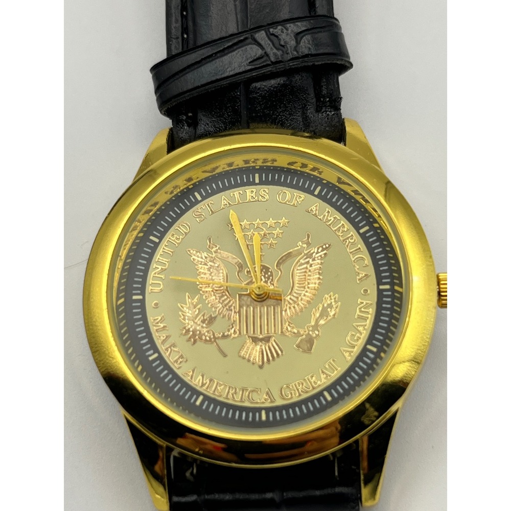 Donald Trump‎ 45th President MAGA Watch Gold Tone Black Leather Strap Patriotic